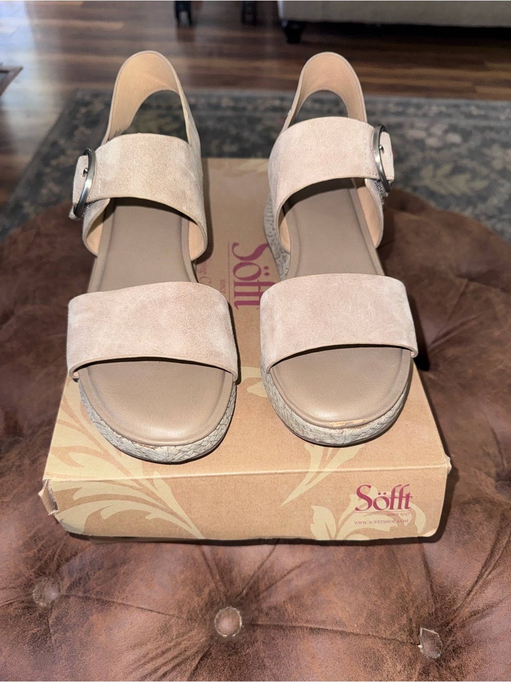 Sofft Neutral Taupe Suede Espadrille Wedge Sandals